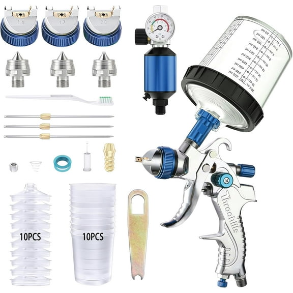 Throohills Professional HVLP Spray Gun, 1.4/1.7/2.0mm Nozzle HVLP High Atomization Flow Adjustable Pneumatic Gravity Spray Gun(Blue)