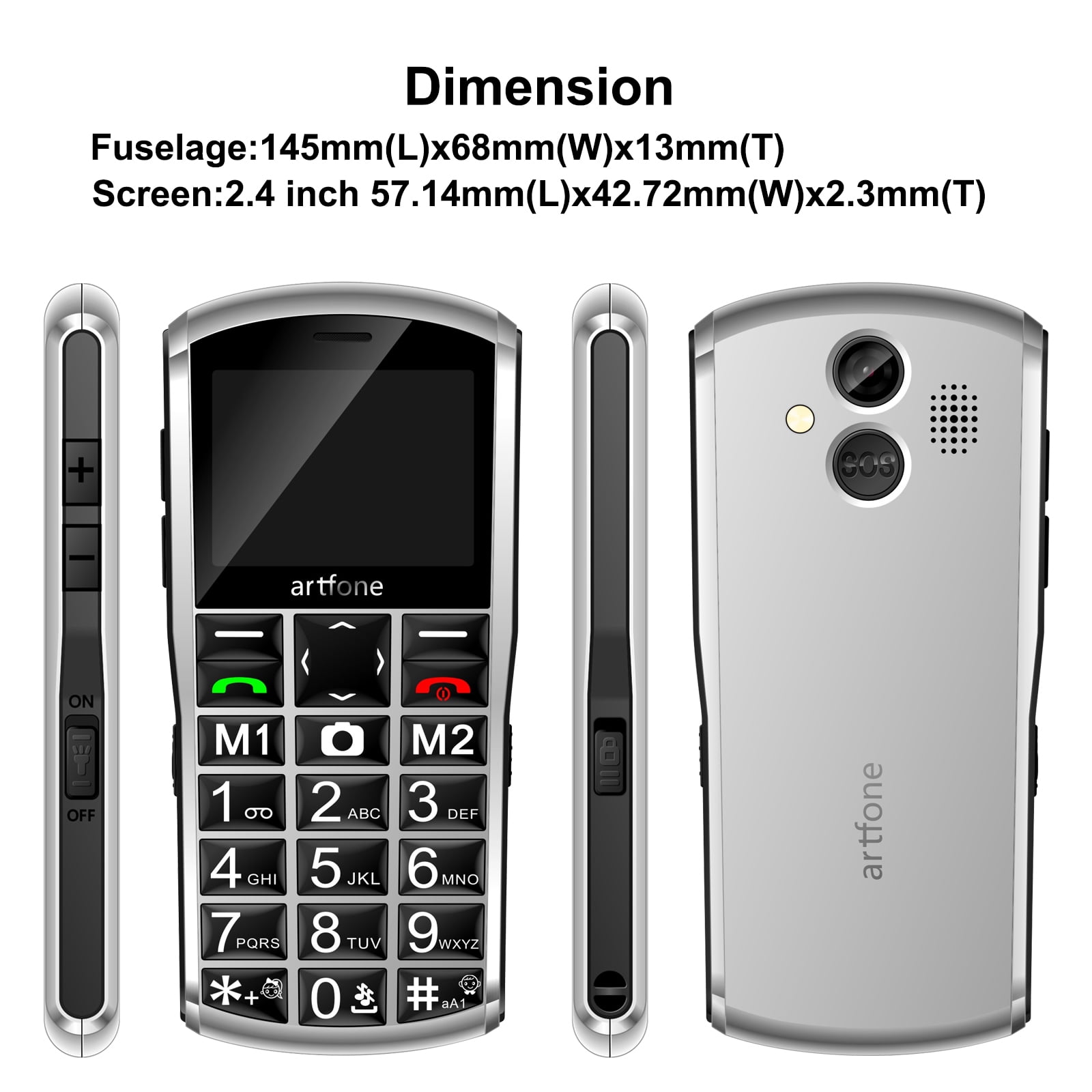 artfone 4G Volte Unlocked Cell Phones, Mobile Phone for Seniors with SOS Button, 2MP Camera, 2.4" Display, Loud Volume, USB-C &Dock Charging, Talking Numbers, 1800mah Battery, Silver