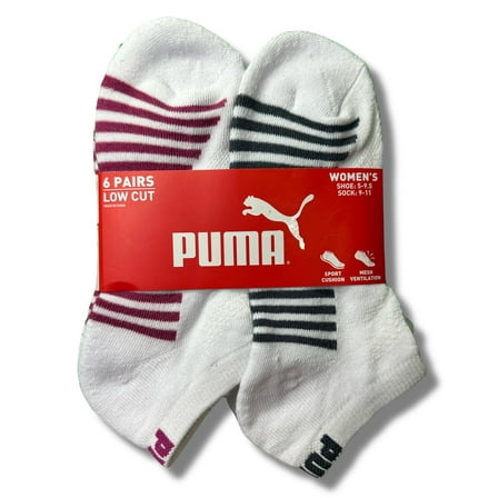 PUMA SOCKS WOMEN'S - LOW CUT - BLISS 253 - WHITE GREY - SHOE SZ 5-9.5 -PACK 6