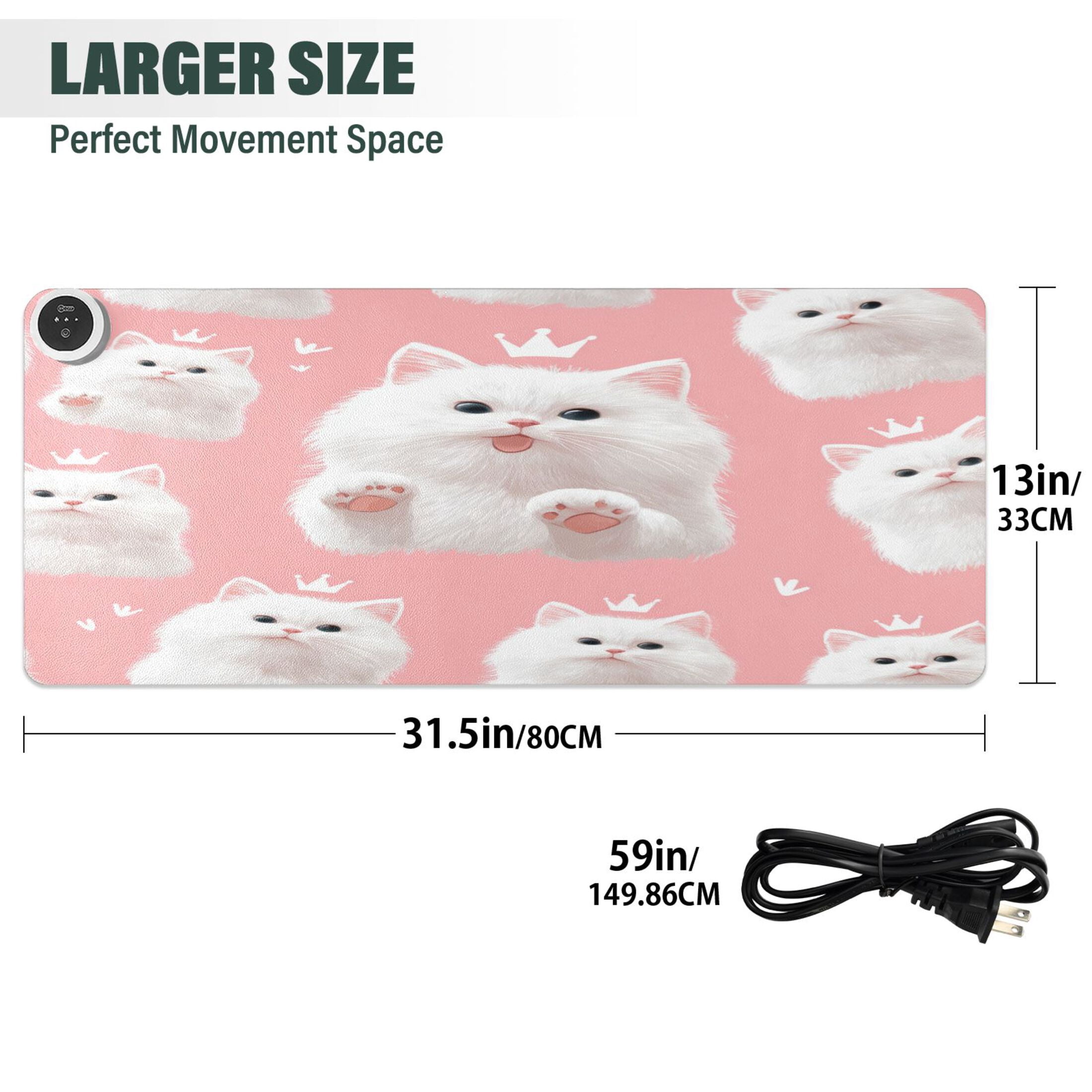 Large Heated Desk Mat Mouse Pad 31.5"x13"PU Leather Graphene Heating Desk Warmer with 3 Temperature Settings 110V US Plug Non-Slip Warm Pad for Home, Office, and Gaming Happy White Cat Face