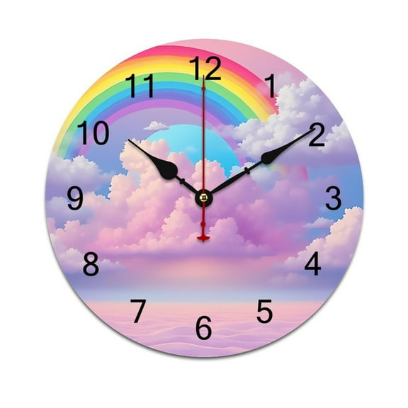 Colorful Rainbow Clouds Printed Silent Wall Clock Round Kitchen Clock Chic Quiet Desk Clock For Living Room