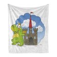 thumbnail image 1 of Dragon Soft Flannel Fleece Throw Blanket, Pattern of a Cheerful Creature with a Fantasy World Castle and Clouds, Cozy Plush for Indoor and Outdoor Use, 60" x 80", Apple Green Multicolor, by Ambesonne, 1 of 6