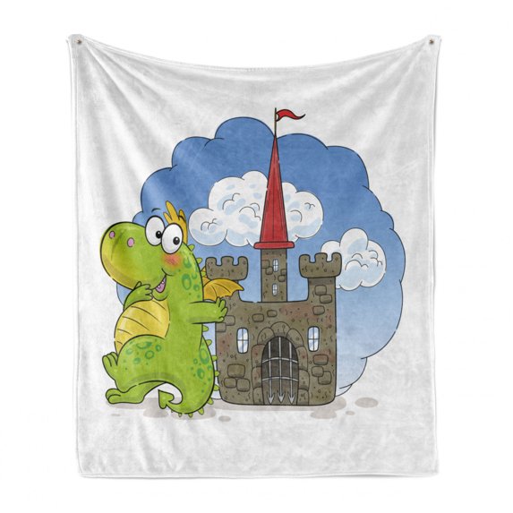 Dragon Soft Flannel Fleece Throw Blanket, Pattern of a Cheerful Creature with a Fantasy World Castle and Clouds, Cozy Plush for Indoor and Outdoor Use, 60" x 80", Apple Green Multicolor, by Ambesonne