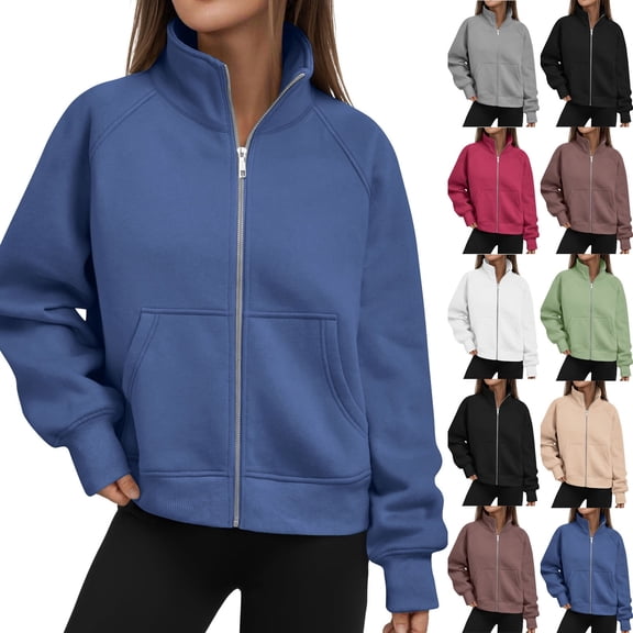 Women's Loose Fit Long Sleeve Zipper Top Blouse Sweatshirt Jacket Solid Color Casual Pullover with Pocket Ultra Soft All Day Comfort Loungewear Cozy Streetwear | CSEONE,Blue L