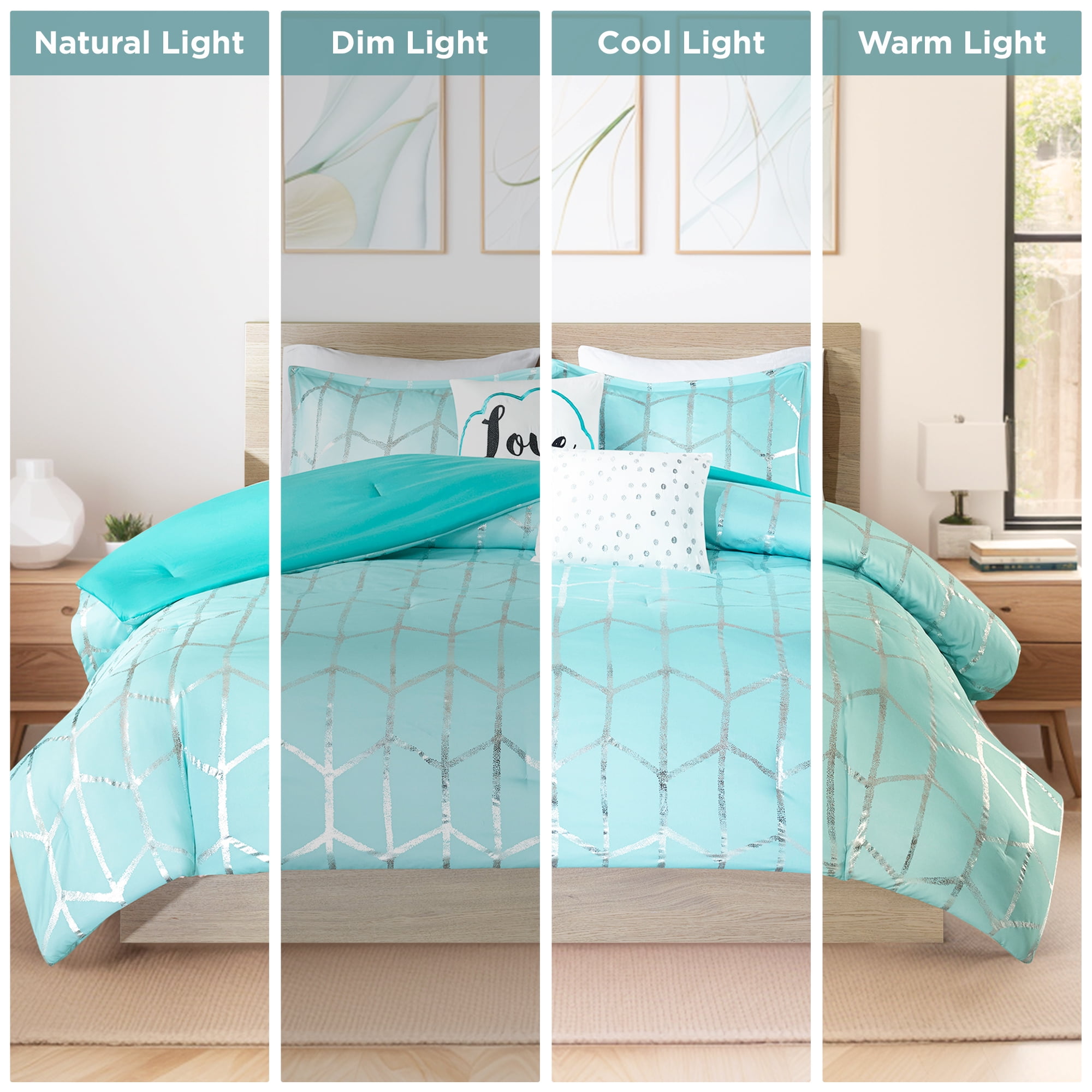 Intelligent Design Raina Metallic Printed Comforter Set in Aqua and Silver