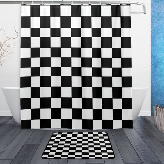 TTYFWHD 60" x 72" Shower Curtain and Bath Mat Set Classic Black-and-white Checkered Pattern Waterproof Bathroom Curtain with 12 Hooks, Bathroom Decor Set