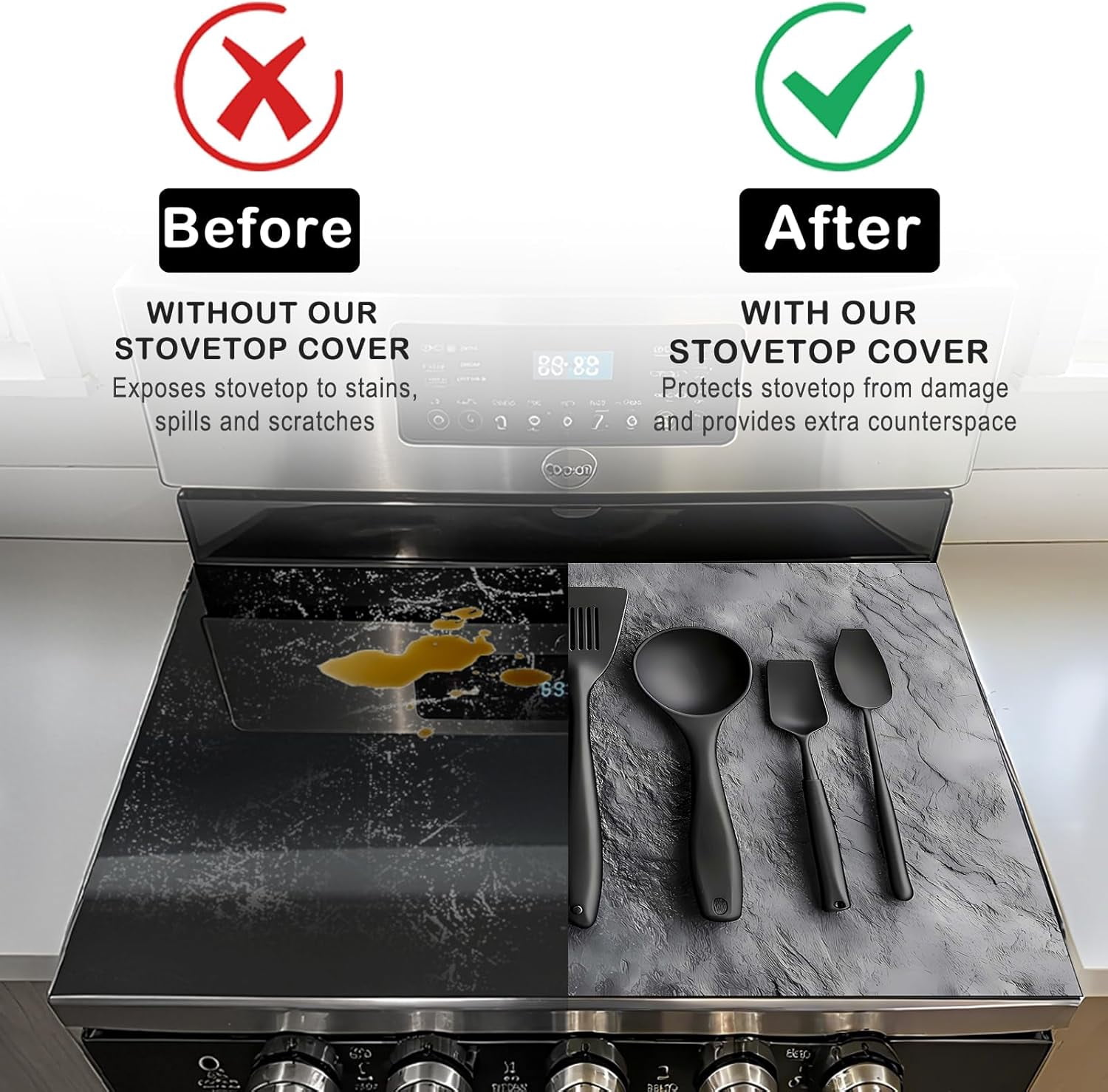 Stove Top Cover Polyester & Diatom Mud Blend 28.35×20.47inches (Black Kitchen Utensils Design) Stove Top Cover for Kitchen, Perfect for Cooking Enthusiasts,Home Decor