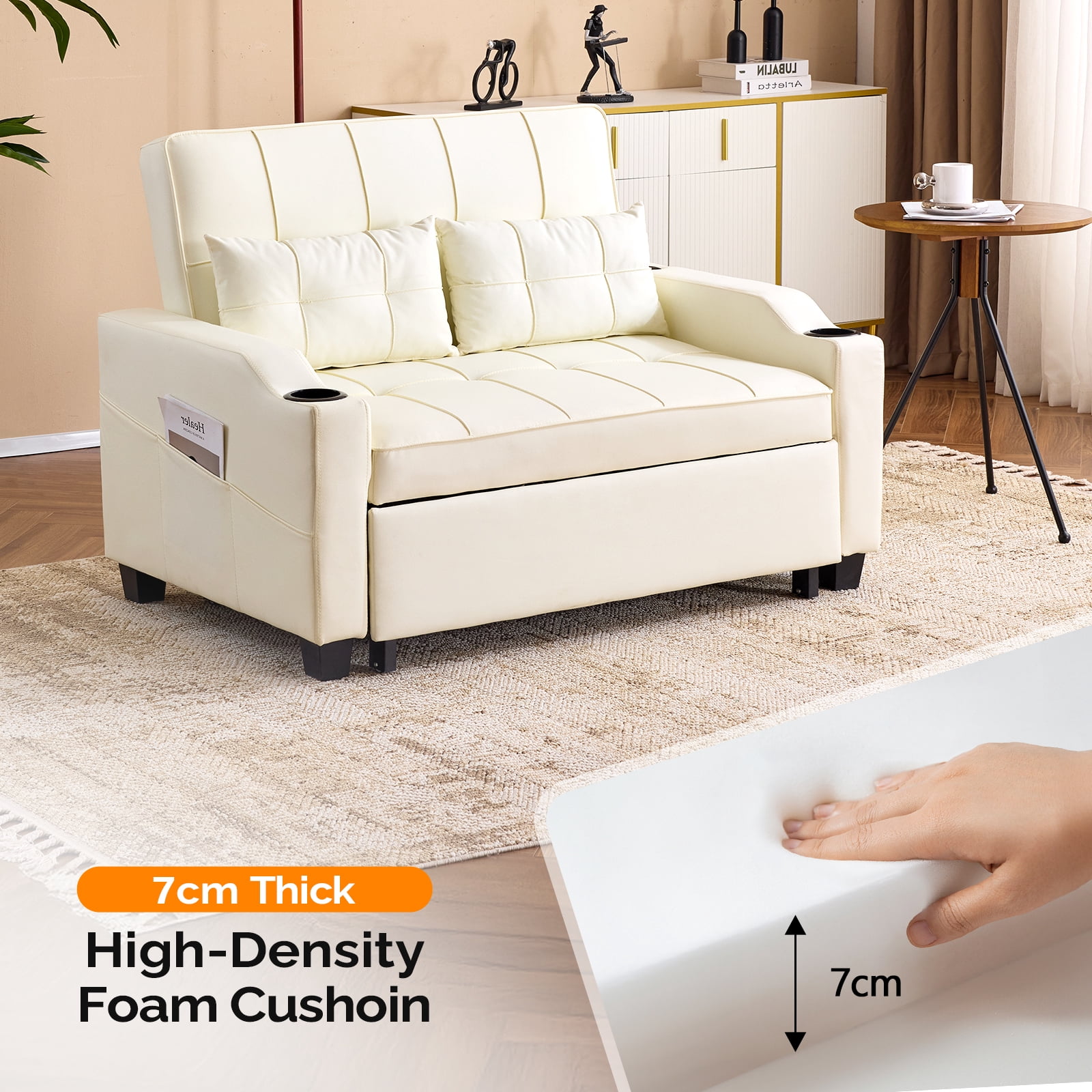 Ktaxon Faux Leather Loveseat Sofa Bed with Side Pockets, Adjustable Backrest Lounge for Living Room, Game Room Beige
