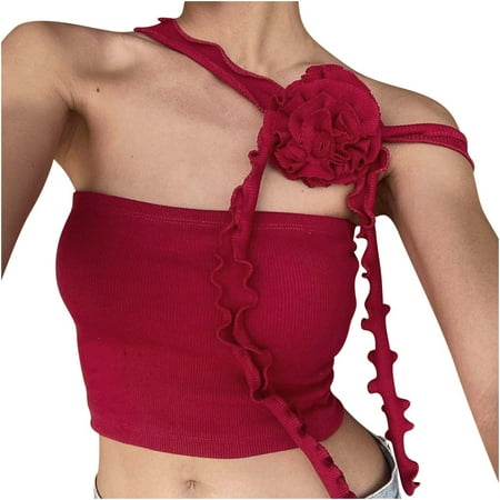 

pbnbp Cute Crop Tops for Women Halter Casual Solid Ribbed Knit Floral Front Strapless Bustier Slim Fitted Tube Tube Party Outwear Crop Cami Tops
