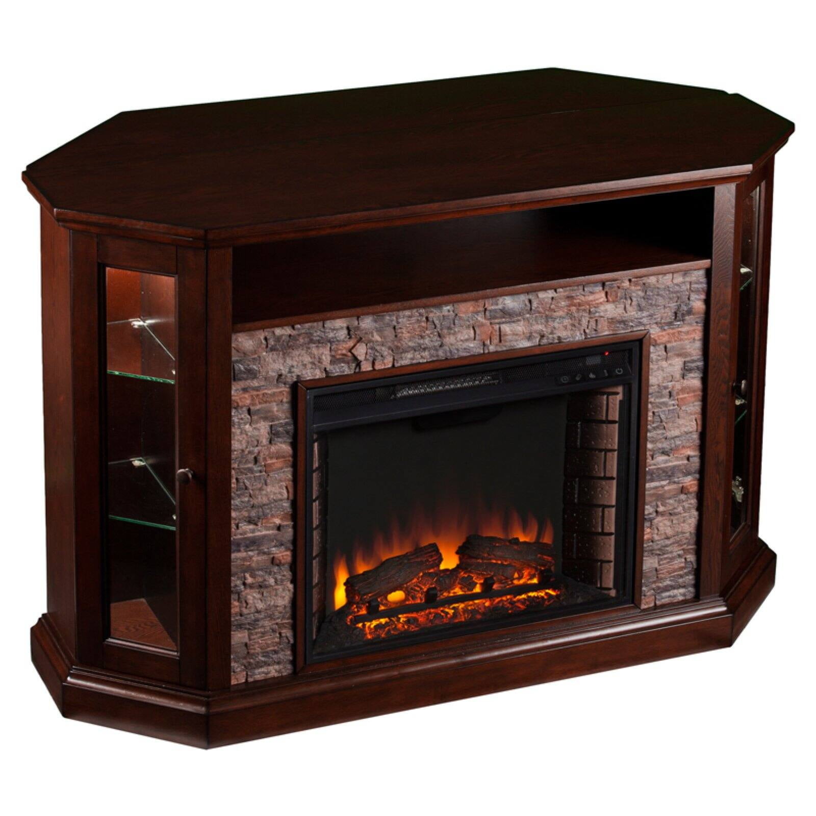 Coleman Glass Tiled TV Stand Fireplace Transitional Whiskey Maple |  forum.iktva.sa