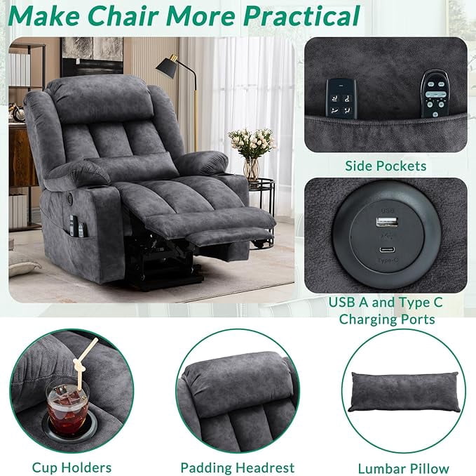 VIVIJASON Tall Man Dual Motor Power Lift Recliner, Oversized Lay-Flat Sleeper with Extended Footrest, Heat, Massage, Lumbar Pillow & USB/Type-C, Plush Grey