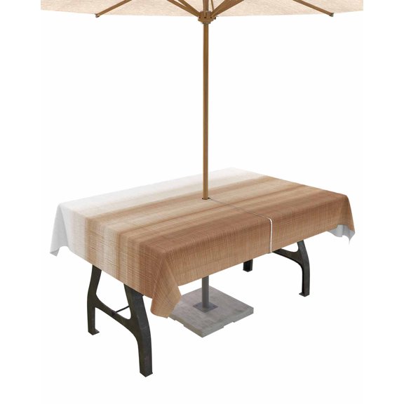 Hokiten Outdoor Tablecloths with Umbrella Hole & Zipper, Brown White Ombre Rectangle Tablecloth 52x70 Inch, Vintage Farmhouse Abstract Striped Waterproof Table Cloth, Patio/Pool/Picnic Table Covers