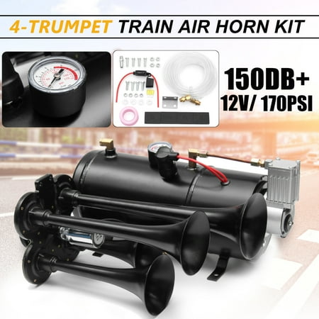 4 Trumpet Air Horn Kit 170PSI 150db 3Liters Compressor & Hose Train Truck