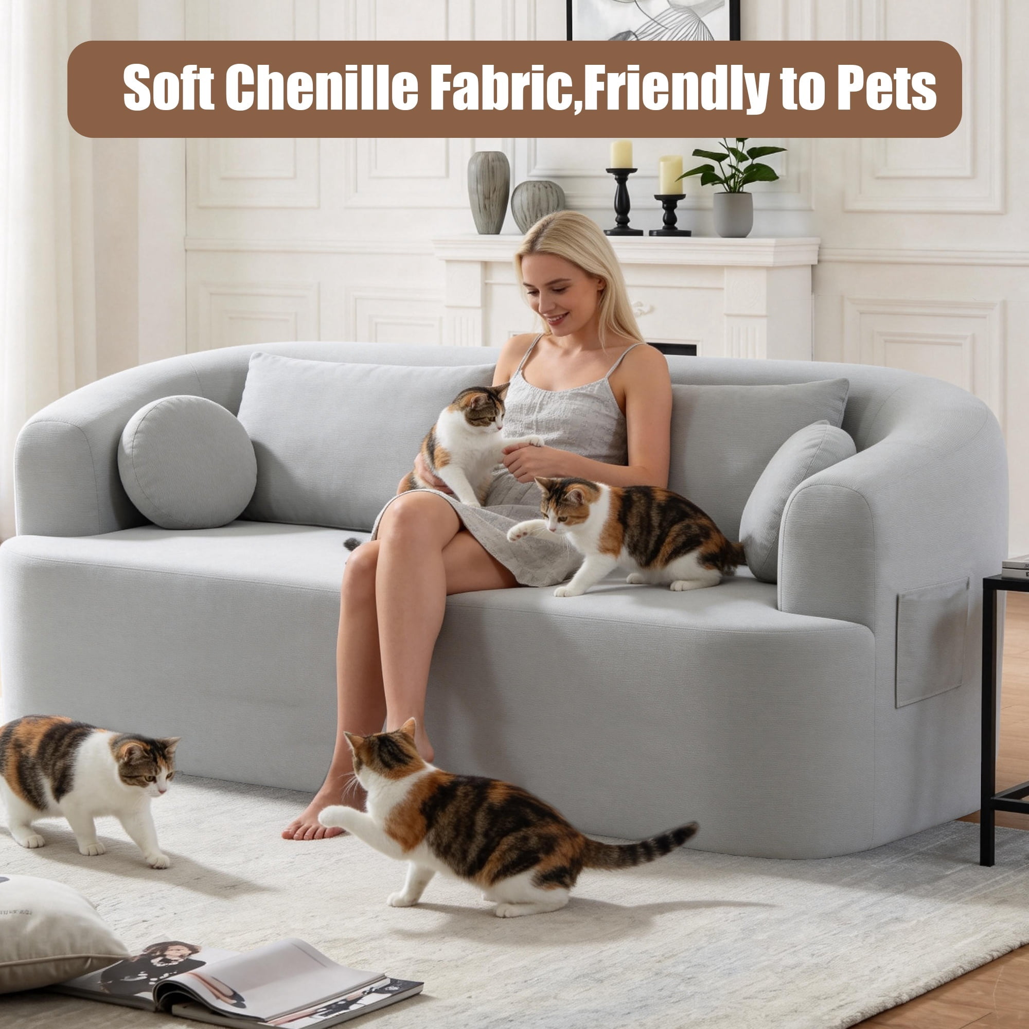 Loveseat Sofa-in-a-Box, 67" Chenille 2-Seater Couch with Deep Seats, 32D High-Resilience Foam, No Assembly Required, for Living Room, Small Space, Gray