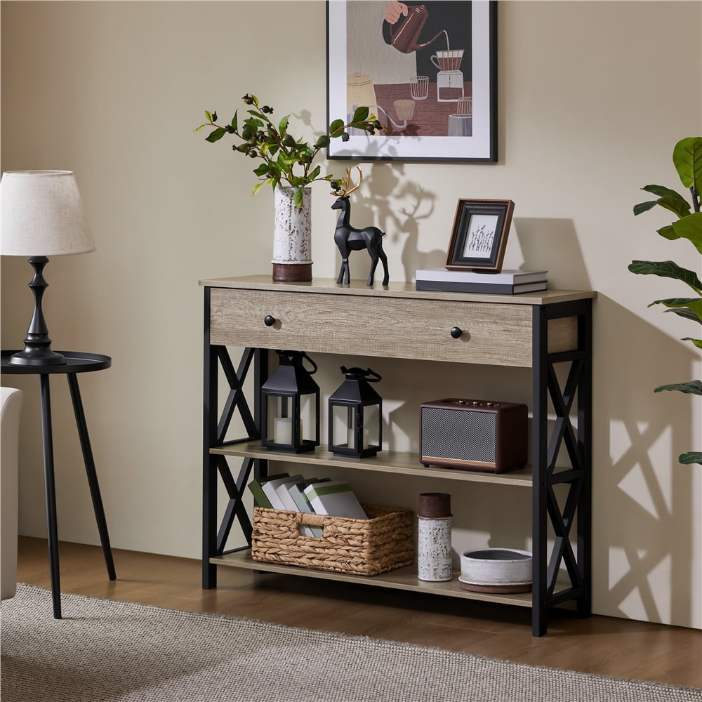 Topeakmart X Design Console Table w/ 1 Drawer & 2 Shelves, Gray
