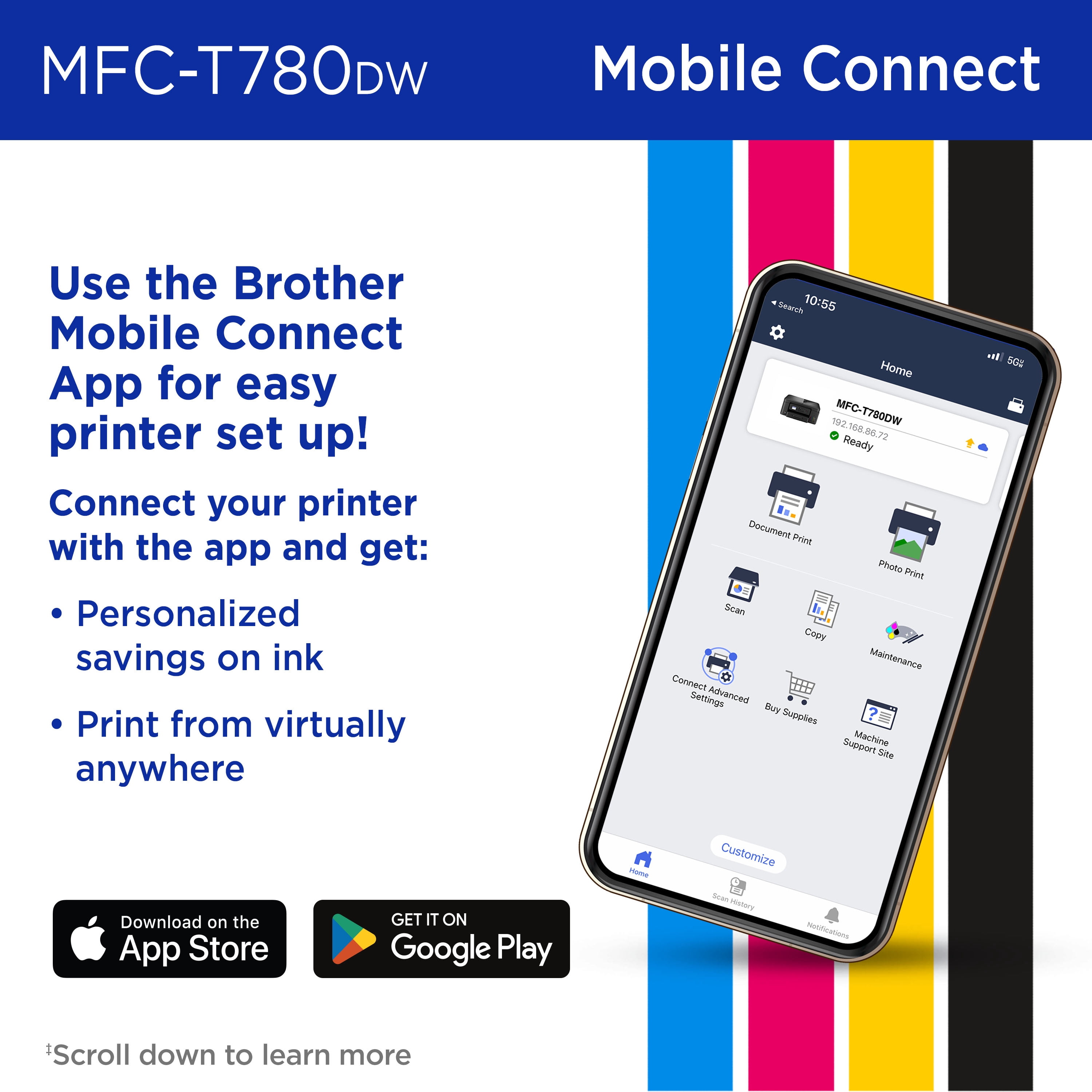 Brother INKvestment Tank 780 MFC-T780DW Wireless Color Inkjet All-in-One Printer with Duplex Printing and Up to 3 Years of Ink In-Box and a 3-year Limited Warranty