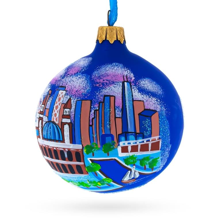 BestPysanky Navy Pier Chicago Glass Ball Christmas Ornament – 3.25 Inch, Hand Painted, German Glass, Gift Box