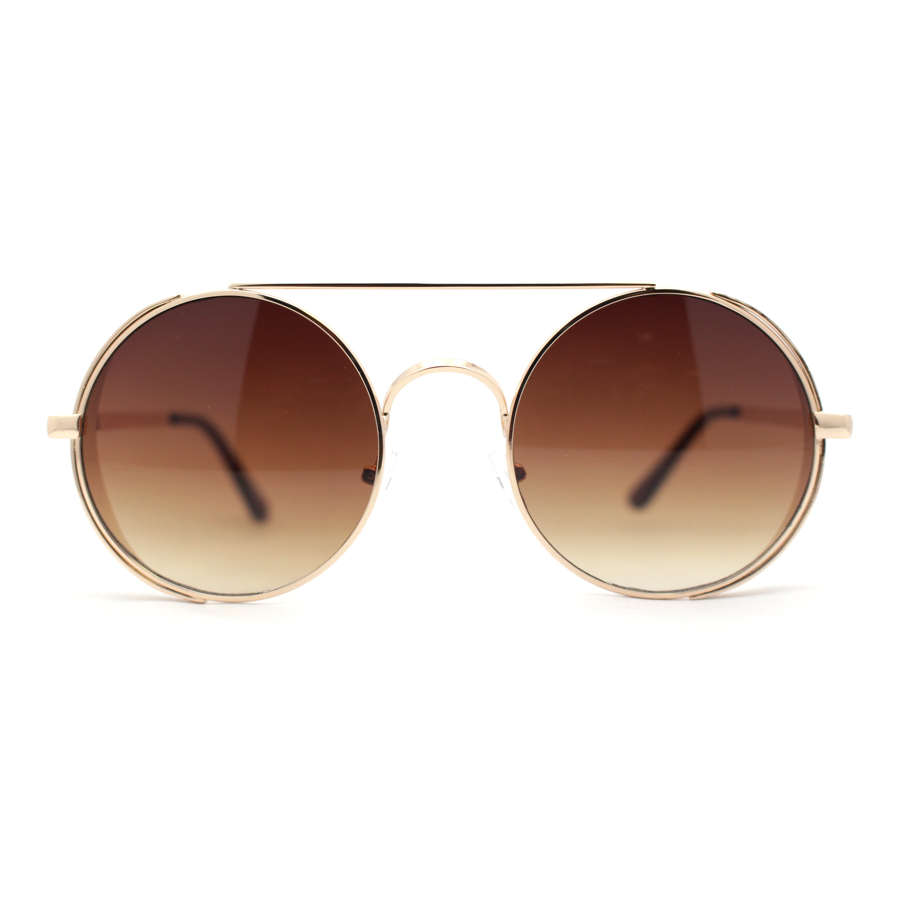Round Circle Lens Side Double Bridge Yellow - Retro Sunglasses Cafe Racer Black Gold Windbreaker