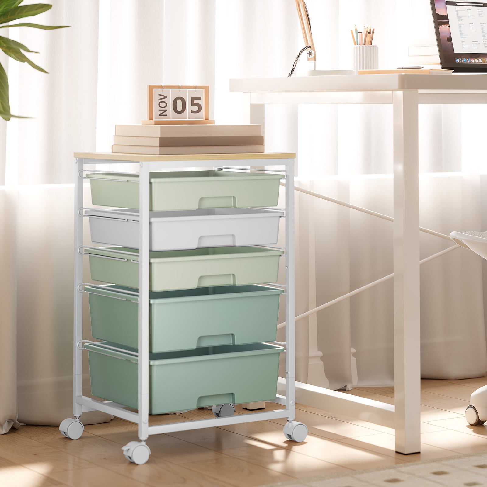 KK KINGRACK Rolling Cart with 5 Drawers, Storage Drawer Cart with Wooden Tabletop, Metal & Plastic, Rainbow