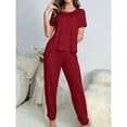 thumbnail image 4 of Defitshape Women's Summer Shorts Sleeve Pajama Pants Cinch Bottom Pant 2 Piece Lounge Cool Loungewear Crew Neck Home Elasthane Drawstring Nightwear Burgundy 8-10, 4 of 5