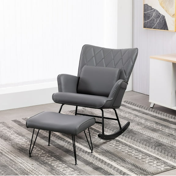 Tcbosik Modern Upholstered Rocking Chair with Ottoman - Glider Rocker with High Back - Comfy Reading Chair for Living Room Bedroom - Grey