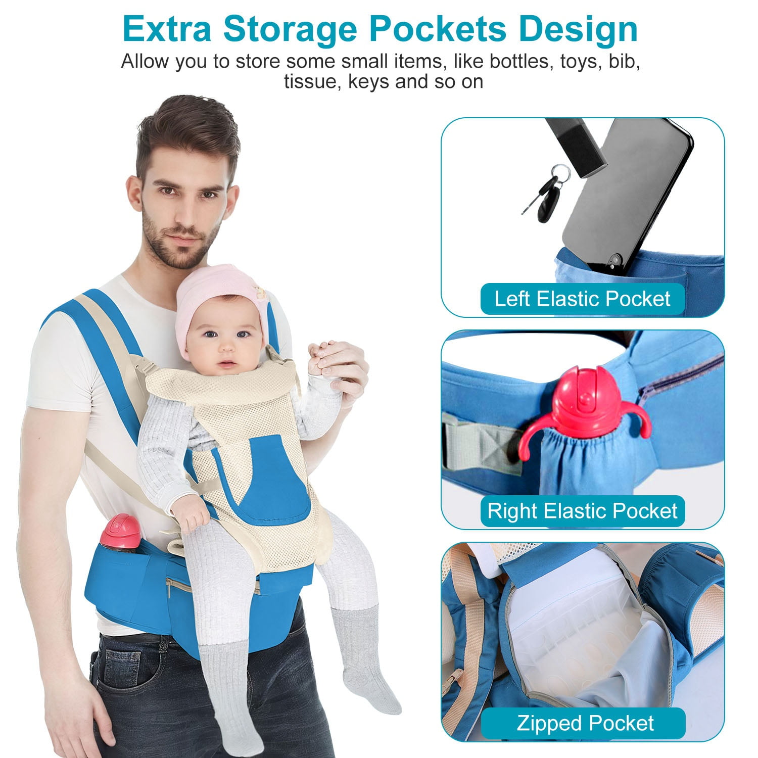 Zorpupoa Kid Carrier with Hip Seat, Ergonomic Adjustable Infant Carrier with 15 Carrying Positions for Under 55lbs Weight 0-4 Years Old, Blue