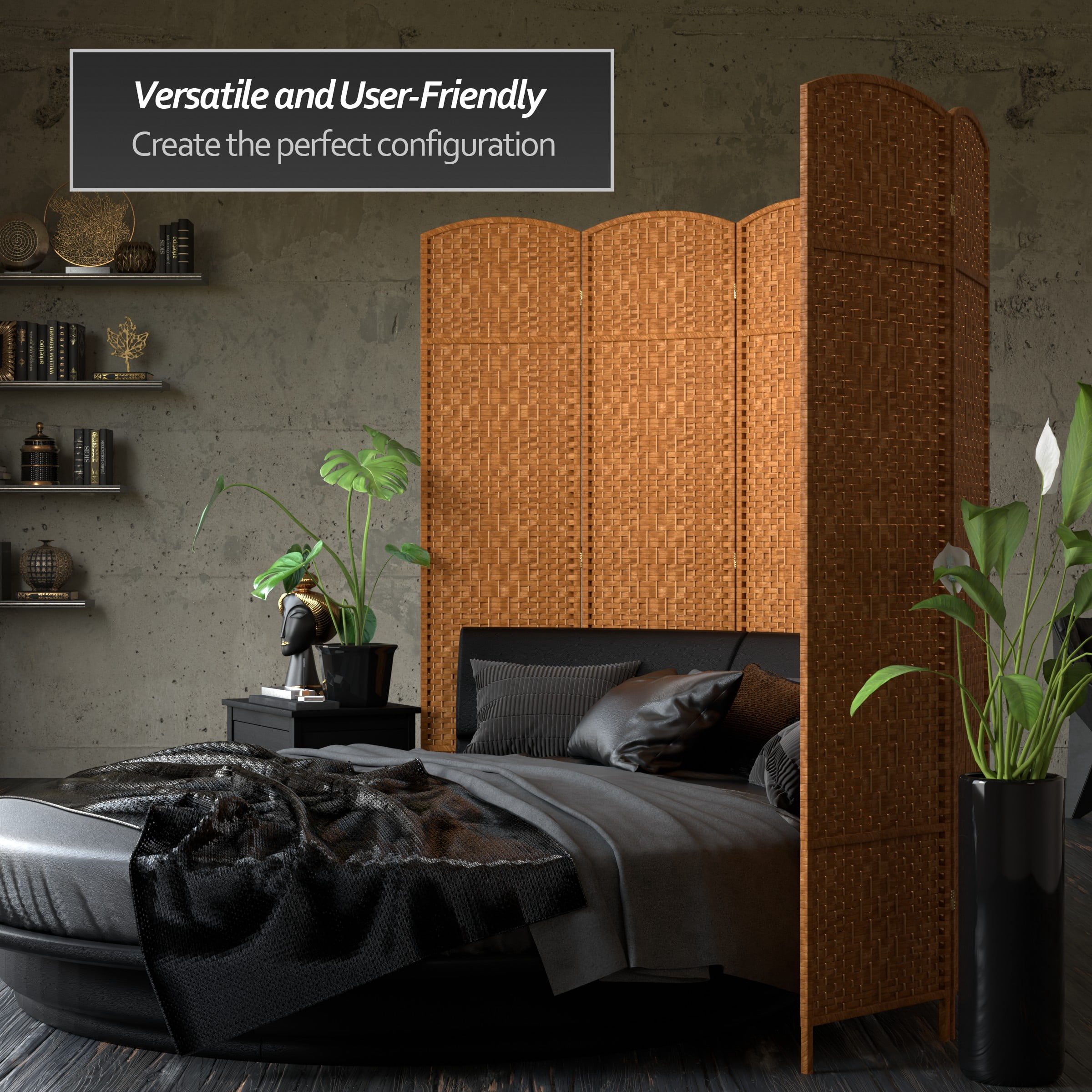 7 ft. Tall Rattan Fiber Diamond Weave Privacy Screen Room Divider - Dark Beige - 3 Panels