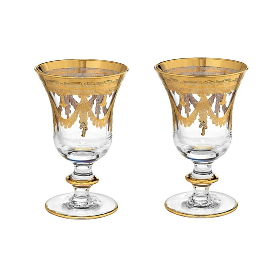 Interglass Italian Set of 2 Crystal Wine Glasses with Vintage Design 24kt Gold Style Model Luxury Goblets