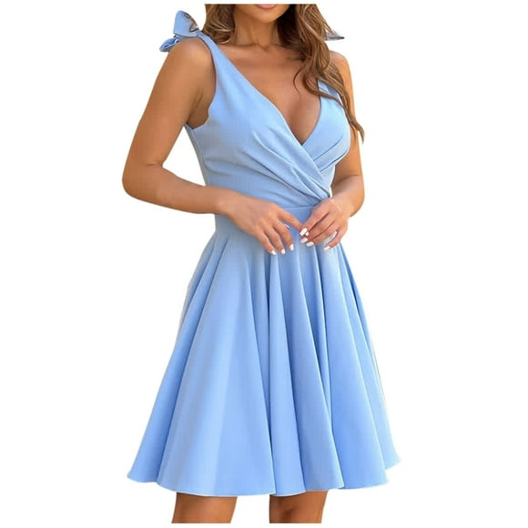 Staron Light Blue Clearance Summer Dresses for Women 2025 Sexy Strap Fomal Sundresses Elegant A-Line Dress Wrap Deep V Neck Flowy Midi Casual Summer Dresses M