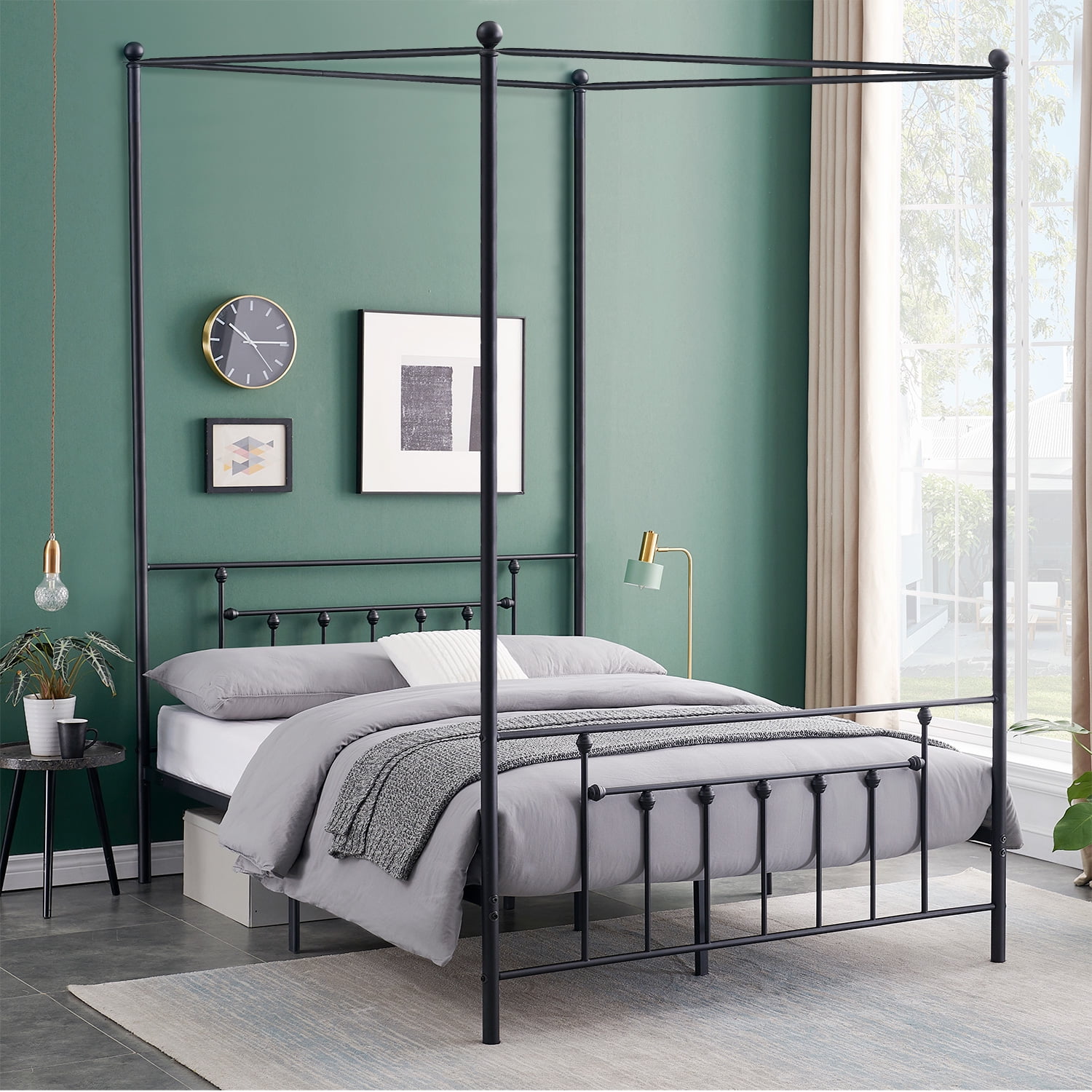 VECELO 4Post Canopy Metal Bed with Headboard and Footboard, Under Bed