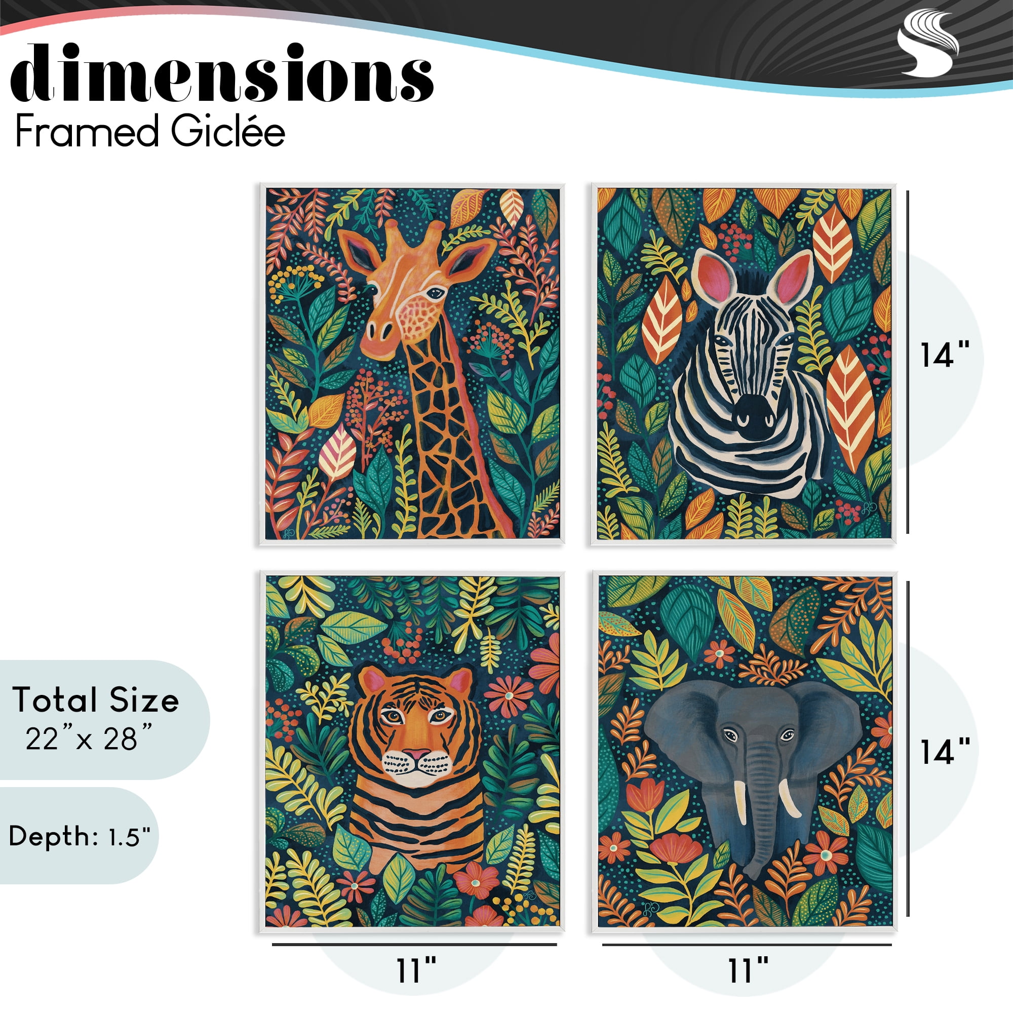 Stupell Industries Jungle Leaf Pattern Animals 4 Piece White Framed Giclee Art Set, design by Lisa R Dumm
