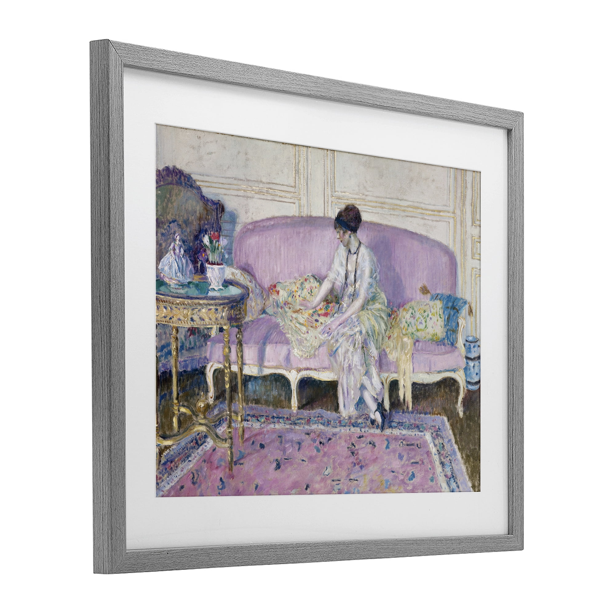 Woman Seated on Sofa Gray Framed Print Under Glass, design by Wild Apple Portfolio