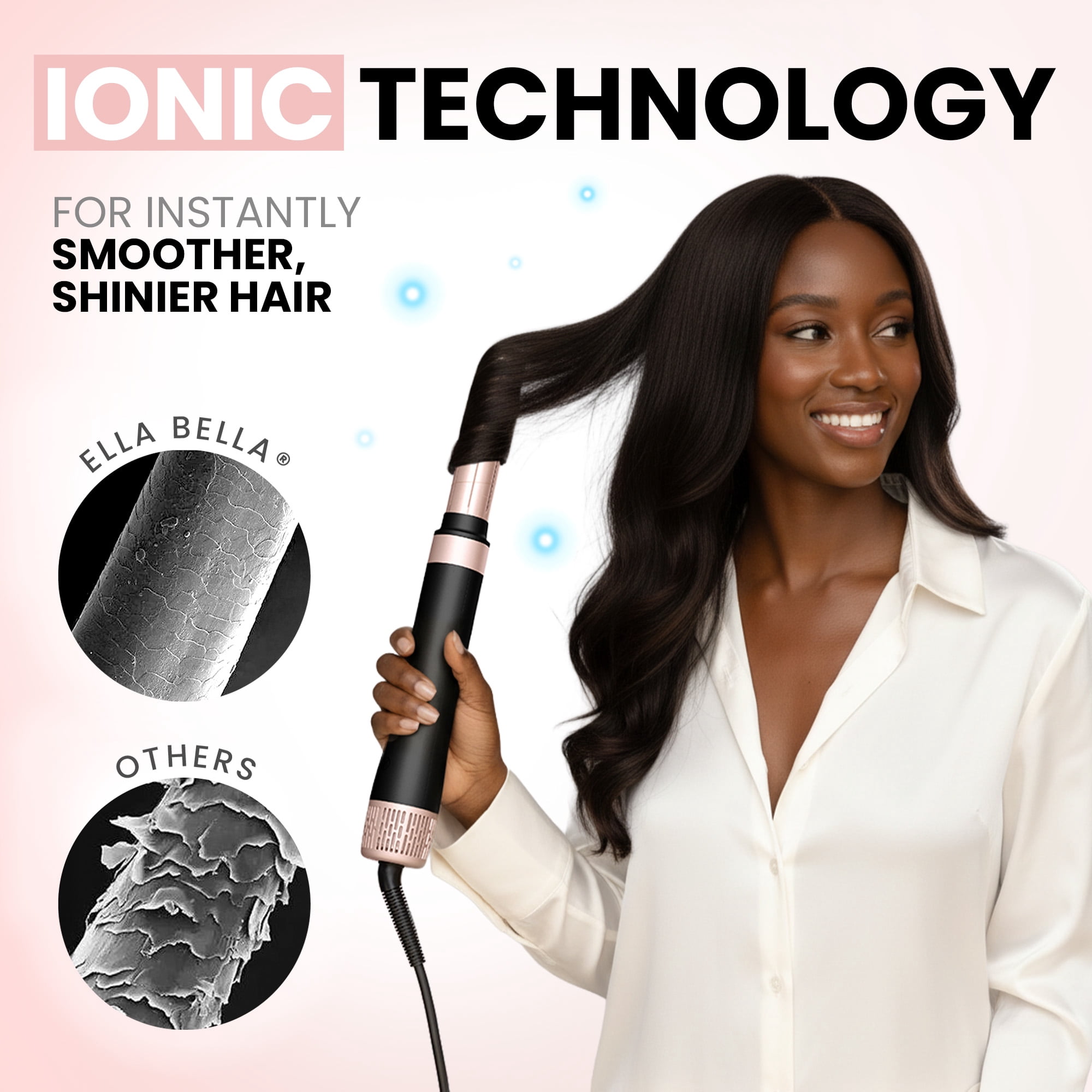 ELLA BELLA® 6 in 1 Professional Hot Air Styler • Powerful Hair Dryer & Straightener Set • Fast Drying Curling Volumizing Straightening Styling • Includes Protective Travel Case (Black & Rose Gold)