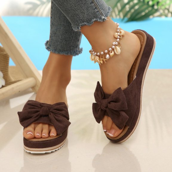 OOOUM Bow Platform Sandals For Women Comfortable Cushioned Soft Wedge Sandals Open Toe Slip On Casual Summer Beach Flats Khaki US:5.5