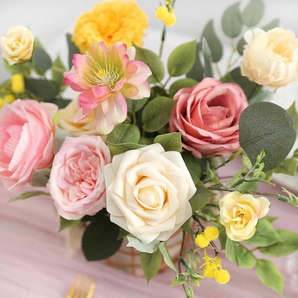 Tivamiko DIY Artificial Flower Set for Wedding Bouquets, Multi-Color Silk Fake Flowers for Home Decor, Parties, and Floral Arrangements(Yellow Series)