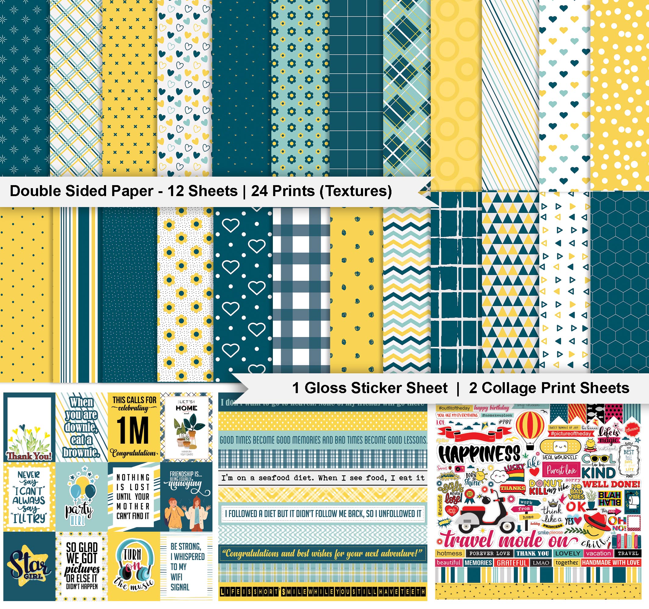 Inkdotpot Fun With Basics Collection Double,Sided Scrapbook Paper Kit Cardstock 12"x12" Card Making Paper Pack Of With Sticker Sheet - 16 Pages - Yellow & Teal Green