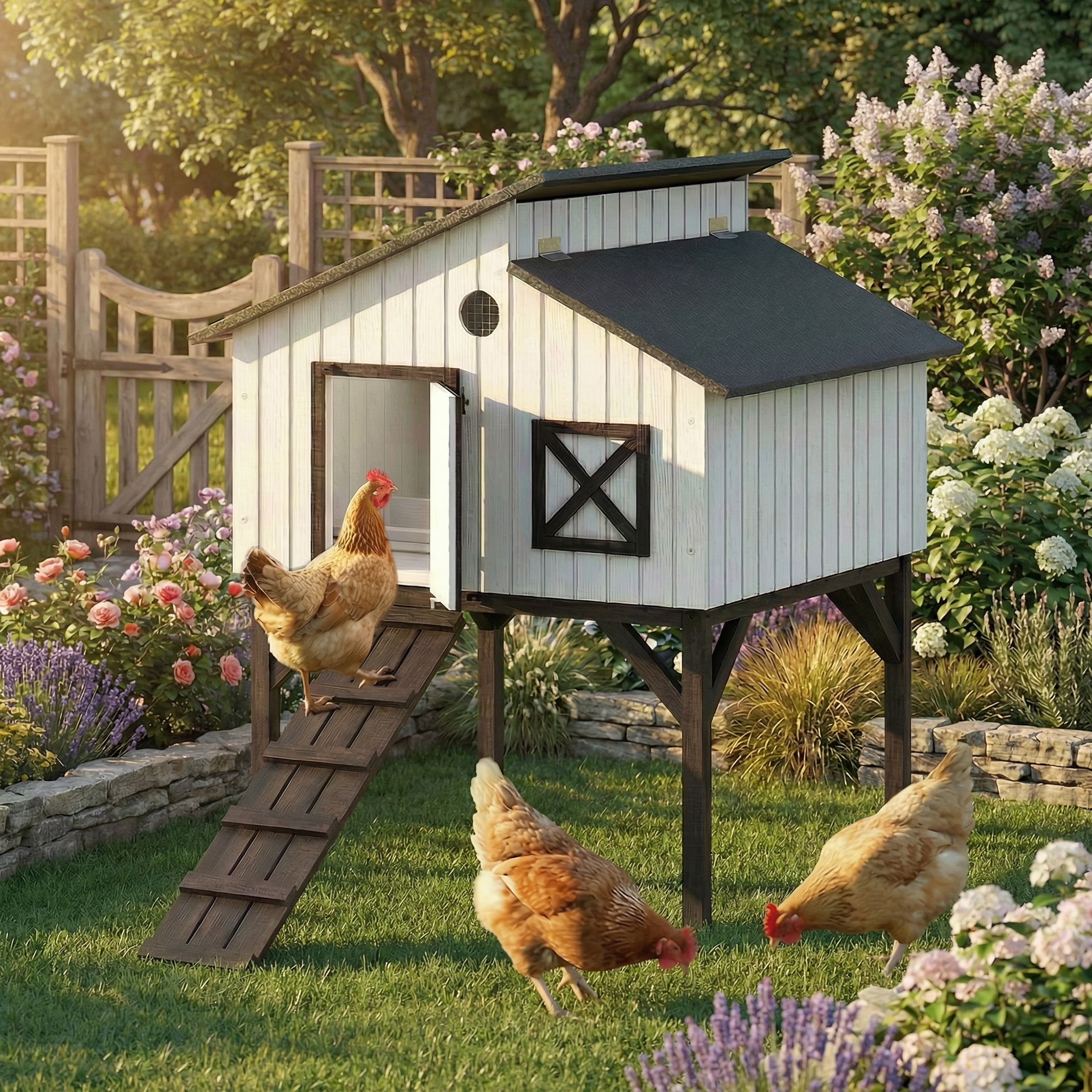 PawHut Chicken Coop Hen House with Nesting Box, Elevated Rabbit Hutch with Ramp, Asphalt Openable Roof and Elevated Legs, Outdoor Wooden Duck House