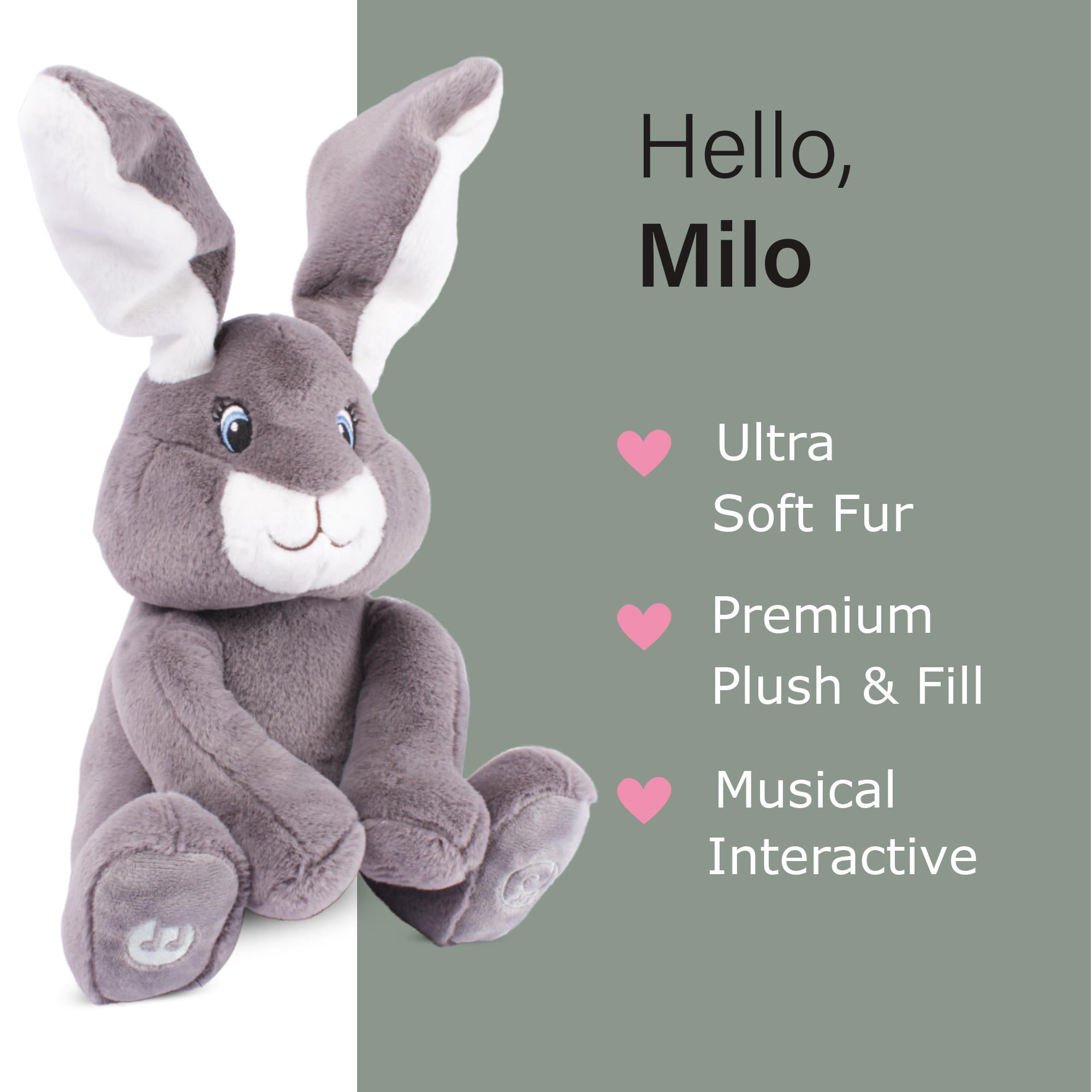 Dimple Milo Stuffed Bunny Toy – Interactive Grey Baby Bunny with Peek-a-Boo & Singing Songs, Soft Plush Gift for Infants, Babies & Toddlers, Boys and Girls, Ages 0+