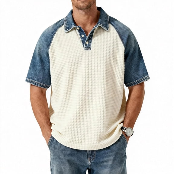 Hearthz Waffle Raglan Men's Short Sleeve Shirt Lapel Collar Patchwork Men Shirts Gym Workout Running Baseball Jersey Blue XXL