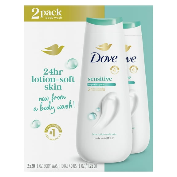 Dove Body Wash for Women Sensitive Skin Effectively Washes Away Bacteria While Nourishing 20 oz, 2 Count