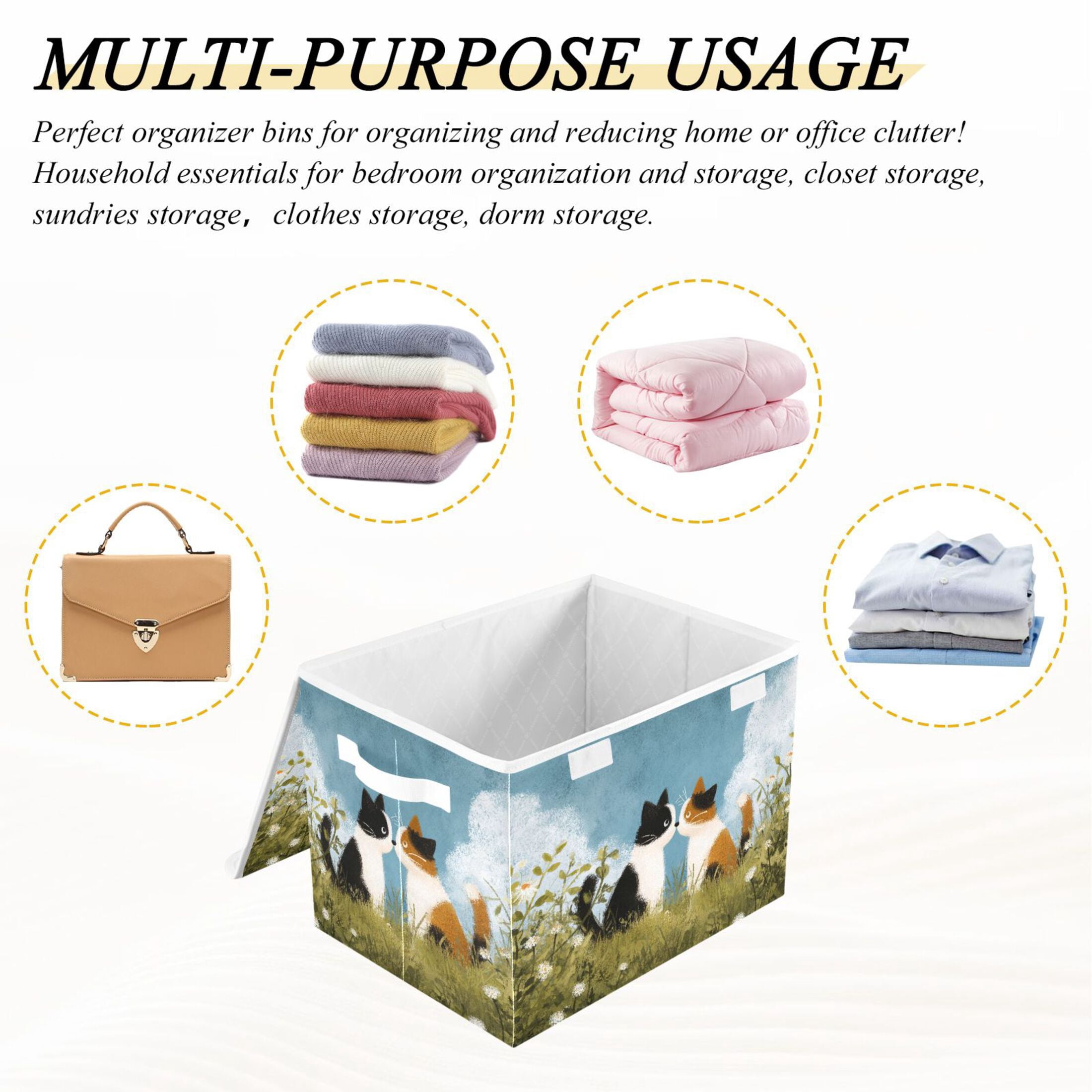 Valentine Cat Kiss Crayon Painting Foldable Storage Bins with Lids Handles Collapsible Storage Containers Tote Boxes 16.5 x 12.6 x 11.8 inches
