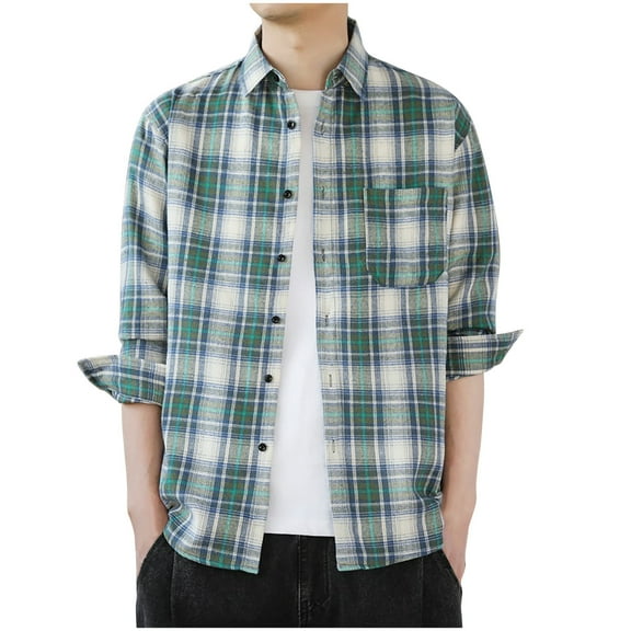 Ousvtion Saving Mens Flannel Shirt Jacket Plaid Coat Casual Button Down Shacket Jackets Long Sleeve Tops Lightweight Lapel Blouses Fall Spring Shirts Fashion Outfits Clearance,A01-Green,L