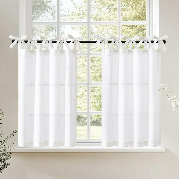 Cortinas de cocina Jinchan con lazo en la parte superior de lino, 36 cm de longitud, 2 paneles