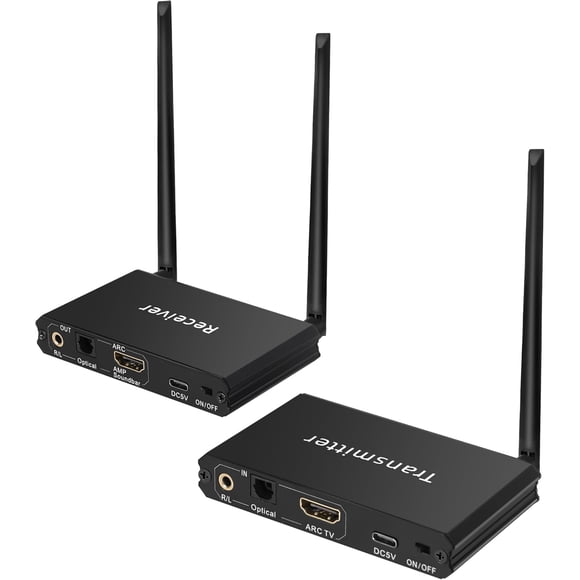 KSRplayer Transmisor y Receptor de Audio Inalámbrico de 2.4GHz con ARC, Óptico, 3.5mm y RCA – Alcance de 164ft, Baja Latencia de 18ms, Receptor Bluetooth 5.3 Integrado (Solo Audio) para TV/proyector