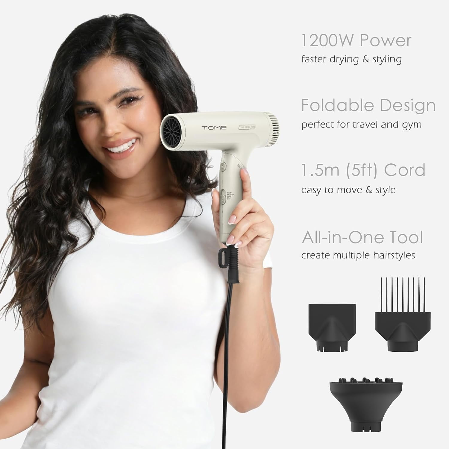 TOME Dual Voltage 1200W Hair Dryer with Diffuser,Foldable Travel Blow Dryer 3 Speed Setting with Comb Nozzle Power Adapter