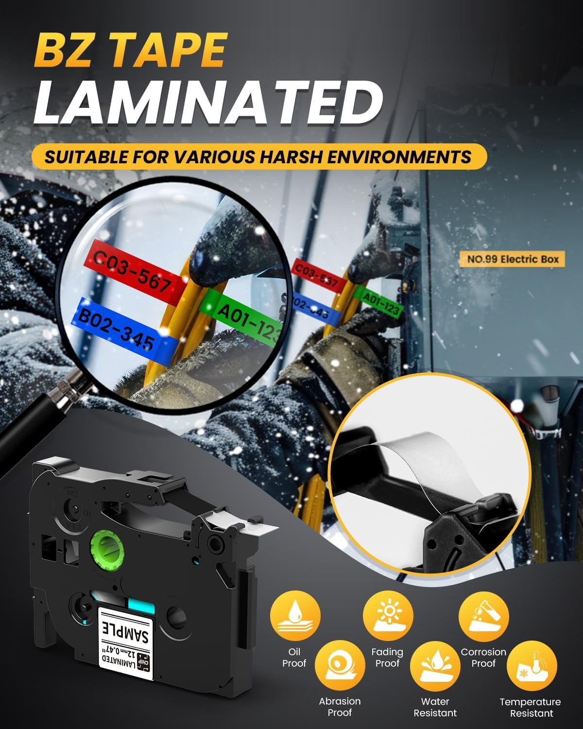 Phomemo Upgraded Industrial Label Maker, QWERTY Keyboard with 4 Roll 12mm Label Tape Included - Prints 3 Lines, Time-Saving Hot Keys Prints Fast Durable For Job Sites and Heavy-Duty Labeling Jobs