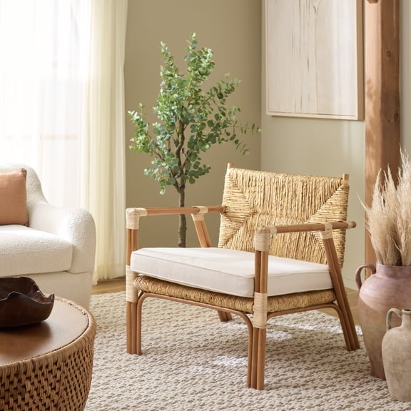 Safavieh Elexa Modern Rattan and Fabric Dining Arm Chairs, Natural/White