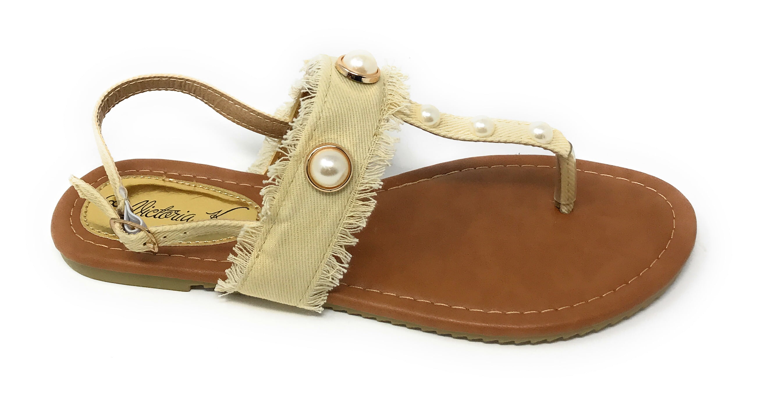 Victoria K Women's Fringed Denim With Pearl Studs Sandals