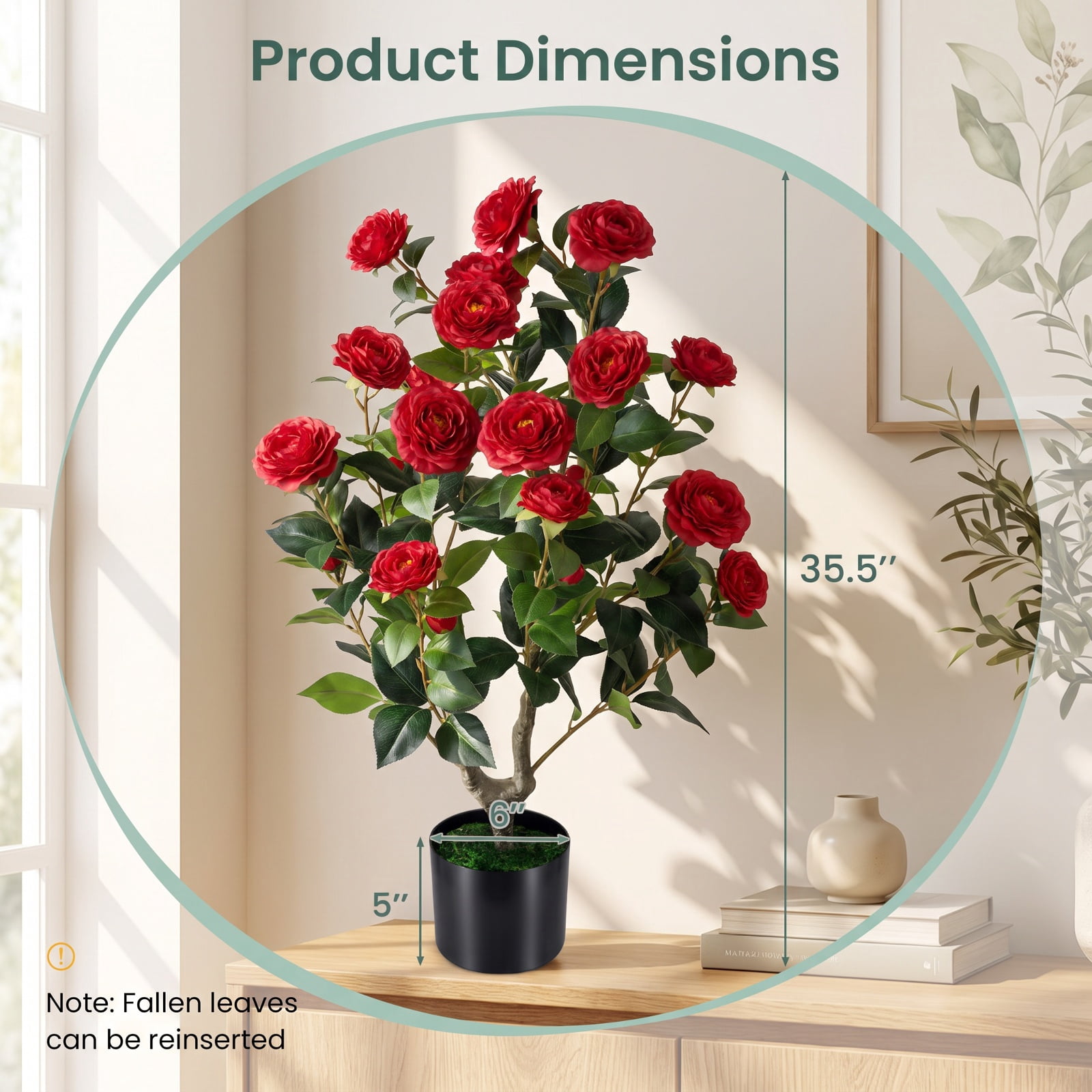 Vebreda Artificial Plant Decor, 2-Pack Artificial Camellia Tree Faux Flower Plant in Cement-Filled Pot, Lifelike & Elegant Design