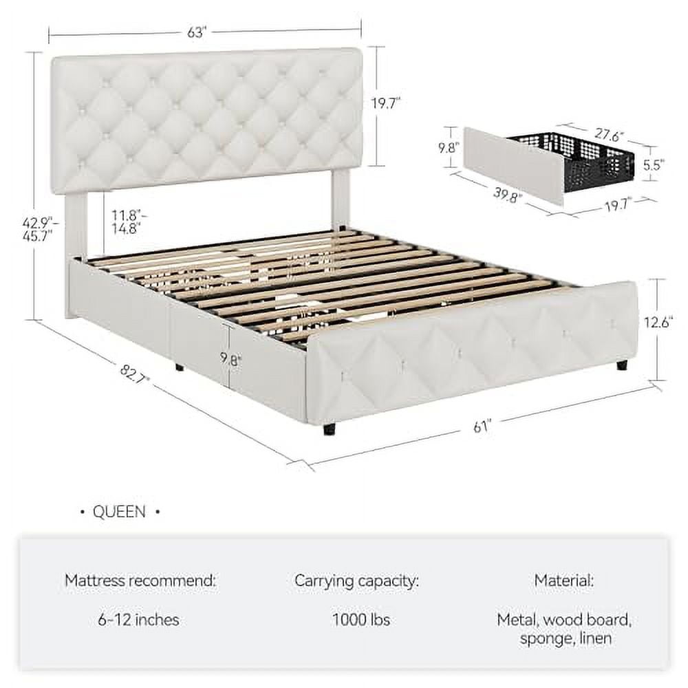 Full/Queen/King Size Bed Frame with 4 Storage Drawers and Headboard, Linen Upholstered Platform Bed Frame, Diamond Stitched Button Tufted, No Box Spring Needed, Easy Assembly